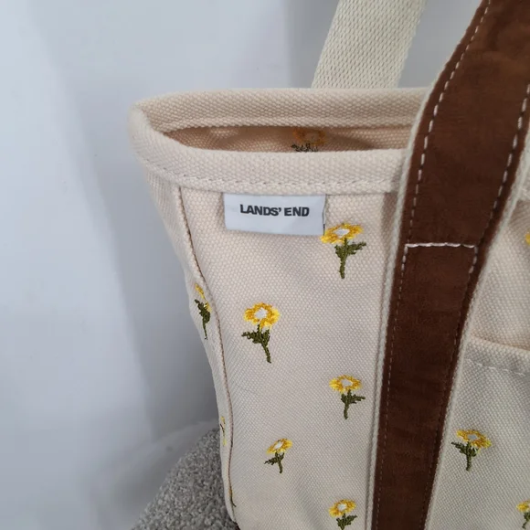 Lands' End Cream Canvas Tote with Yellow Flower Embroidery and Brown Trim - Picture 2 of 8